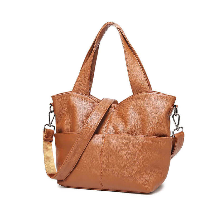 Leather tote handbag suitable for office use and casual outings, combining style and functionality.