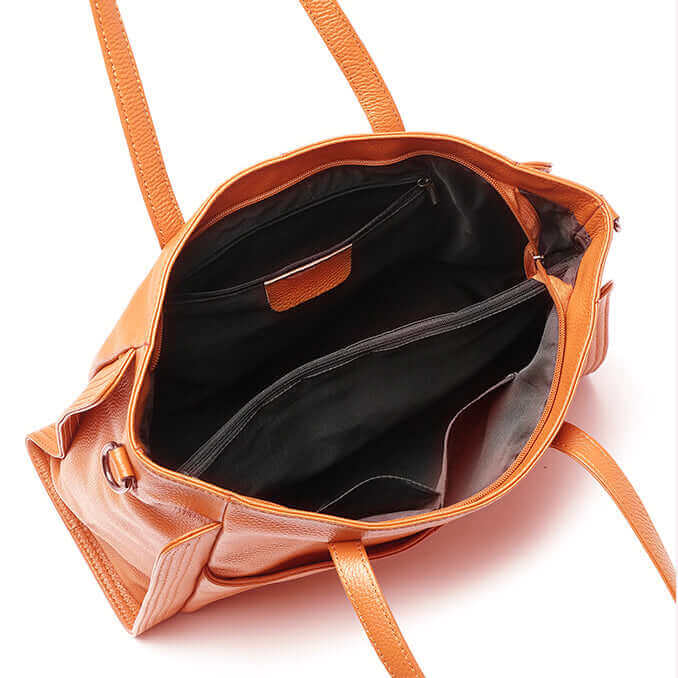 Top zipper compartment of leather shoulder tote bag