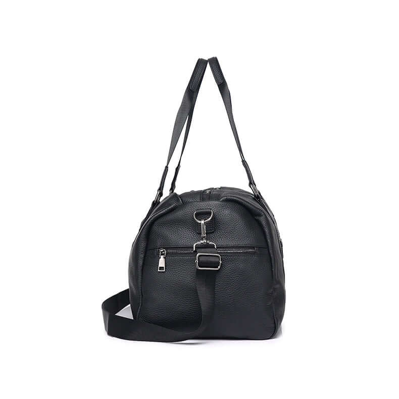 Side pocket view of unisex black leather duffle bag