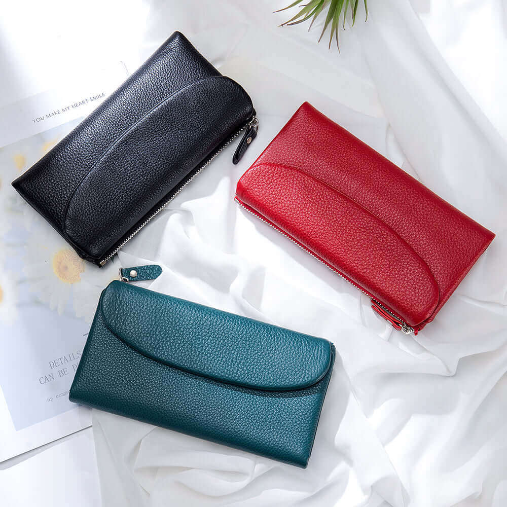 Elegant leather wallet in multiple colors, showcasing its soft texture.