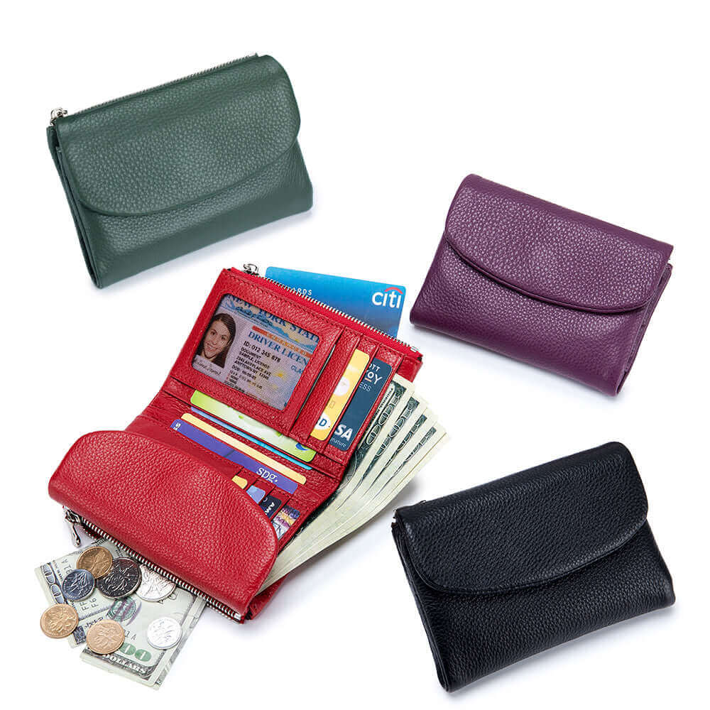 Envelope-style leather wallet in purple, red, and black colors.