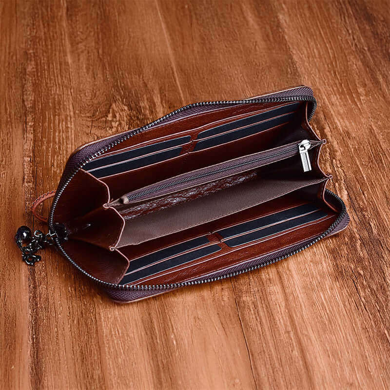 Open view of leather wallet showing card slots and compartments