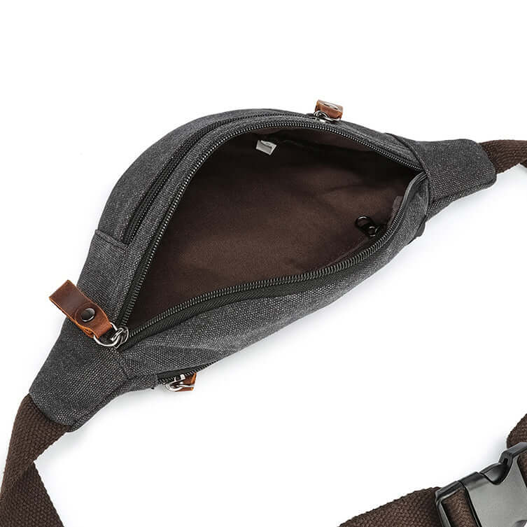 Close-up of Crazy Horse leather zipper detail on bum bag