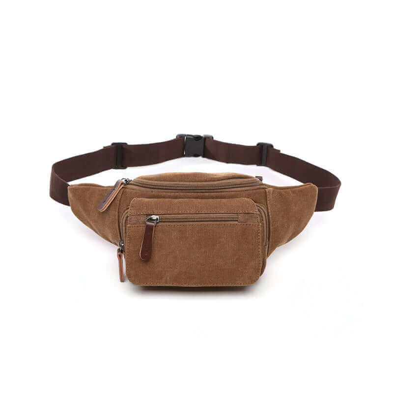 Stylish men's canvas waist bag with functional design and multiple compartments.