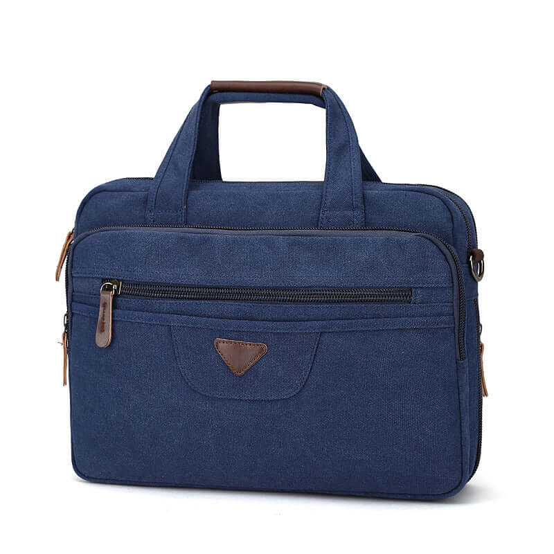 Men's canvas laptop briefcase front view showing multiple zippered compartments.