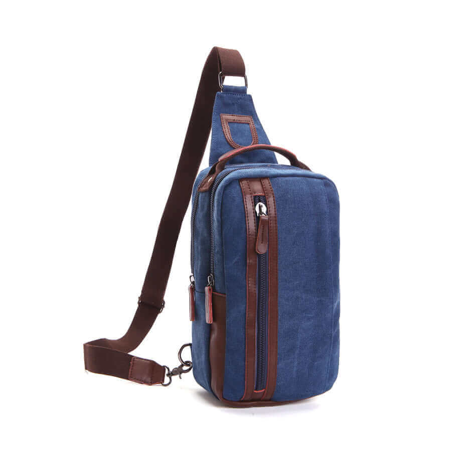 Men's casual sling bag in blue, designed for work, travel, and outdoor activities.