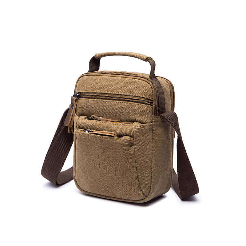 Crossbody canvas bag suitable for both men and women, featuring multiple pockets.