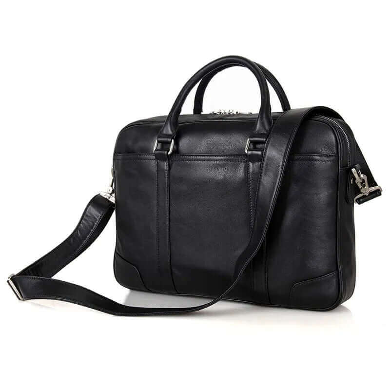 Men's black leather briefcase front view for business use.