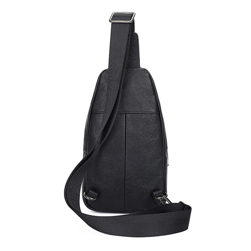 Back view of men's black leather chest bag with durable leather texture.