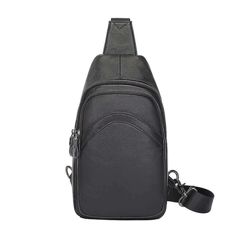 Front view of a men's genuine black leather crossbody sling bag in New Zealand.