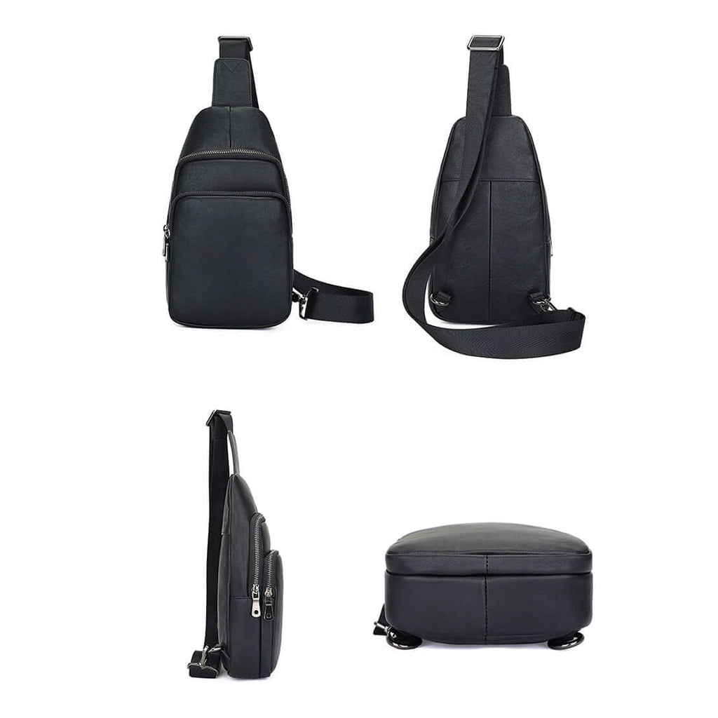 Lightweight black leather sling bag perfect for daily use.