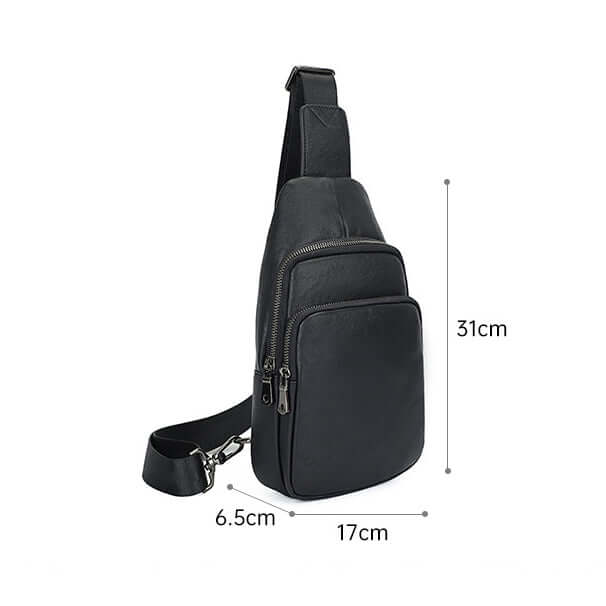 Minimalist black leather chest bag ideal for men’s everyday essentials.