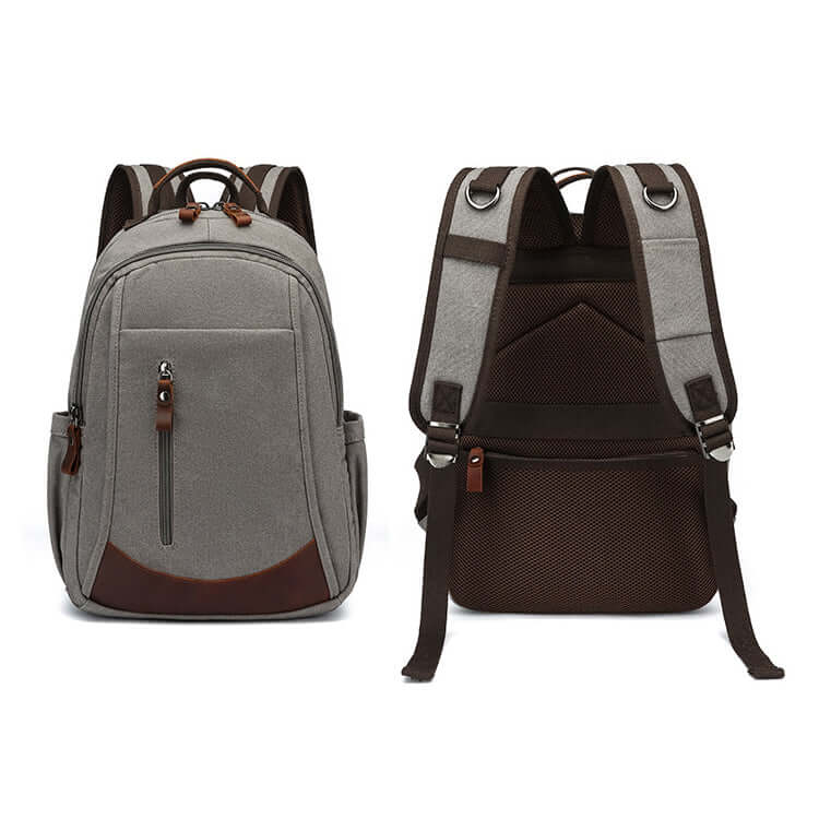 Men’s grey canvas backpack for daily commute and laptop use