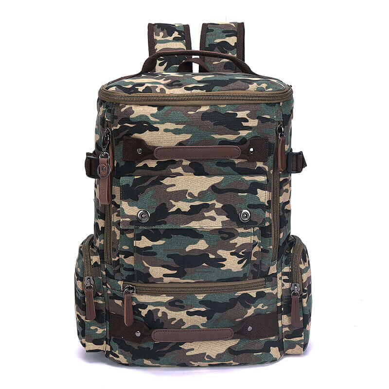 Men's canvas backpack with secure zippered pockets for easy access.