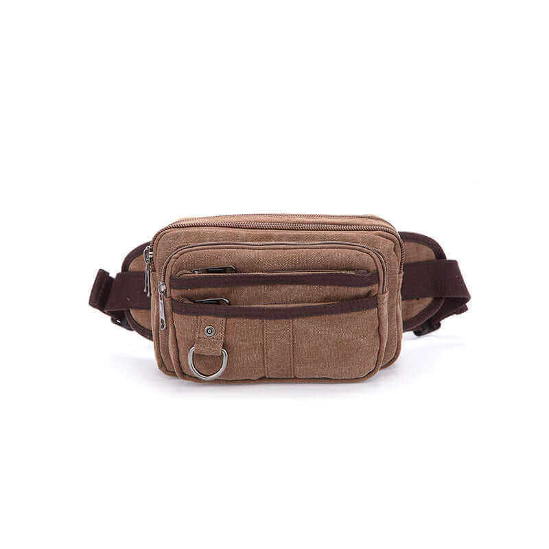 Men's canvas waist bag with zippered compartments for easy organization.