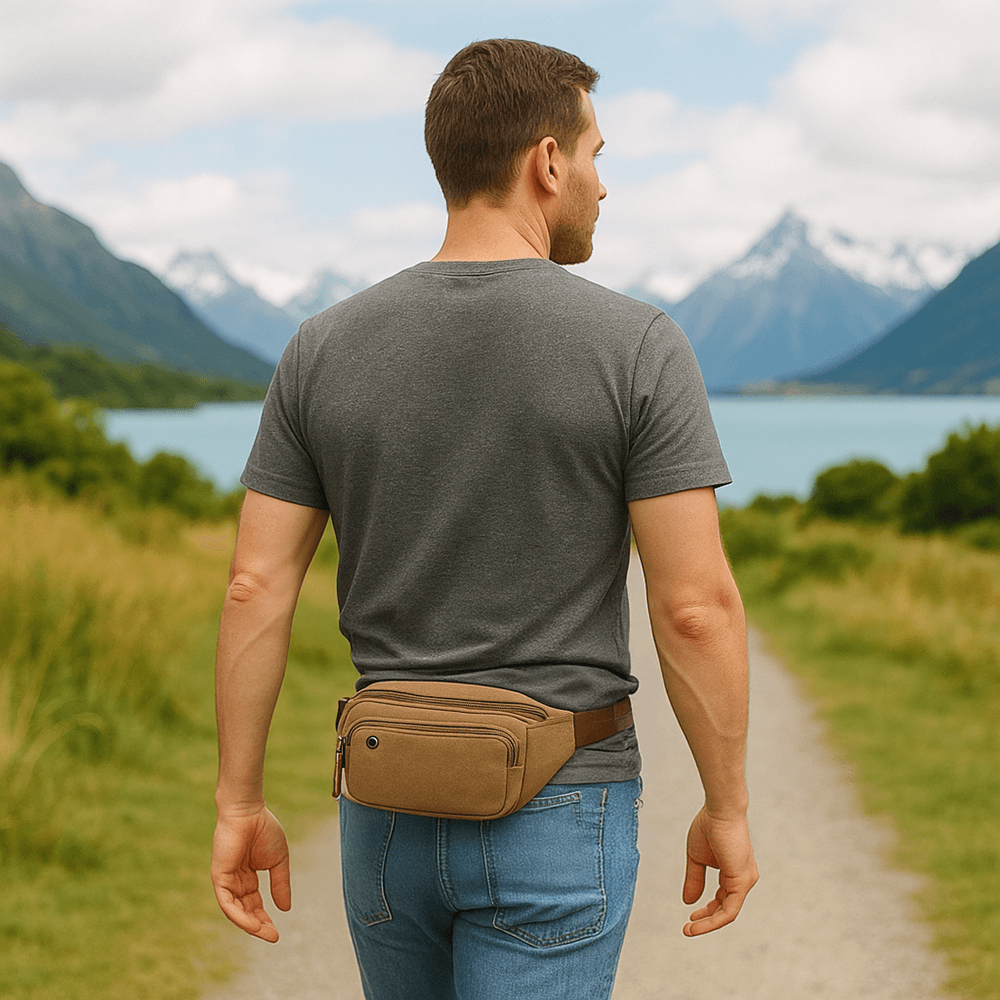 Men's coffee canvas bum bag with PU leather details, perfect for casual outings.