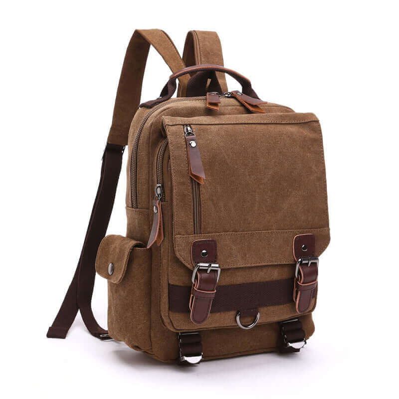 Canvas chest bag with zipper shoulder strap for backpack style wear.