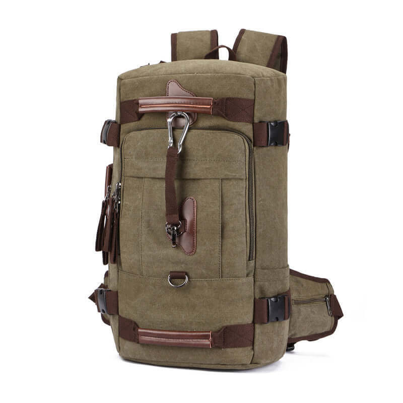 Versatile canvas backpack and duffle bag for outdoor adventures, featuring side zipper opening and multiple compartments.