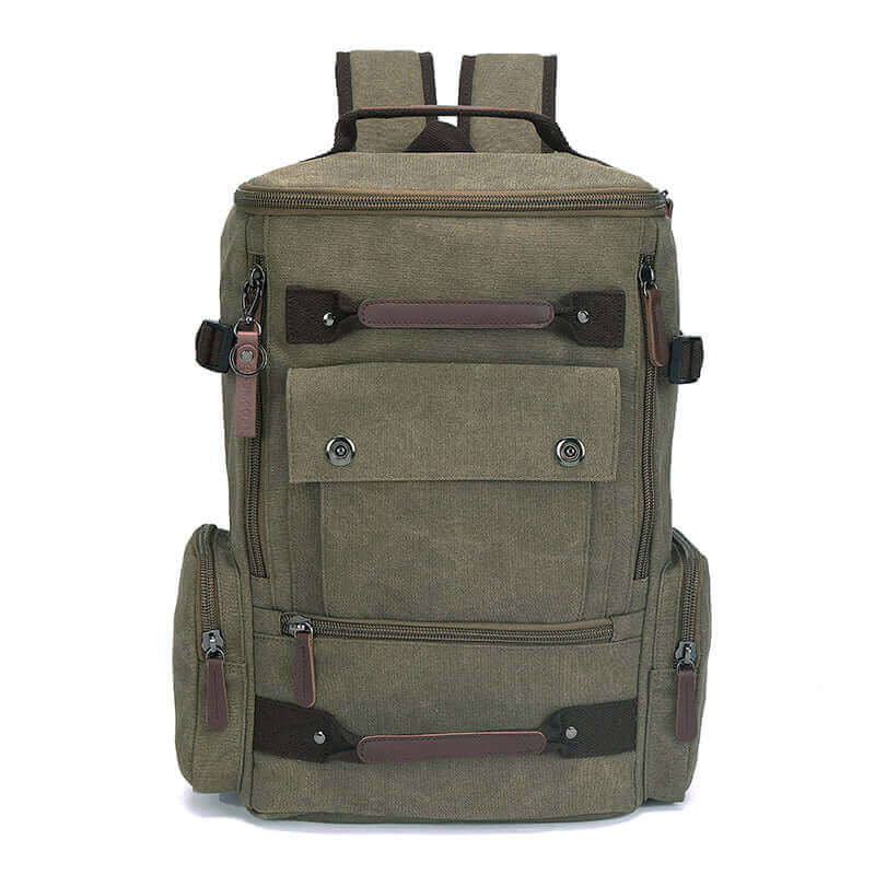 Men's canvas 15.6 inch laptop backpack with durable washed canvas and PU leather.