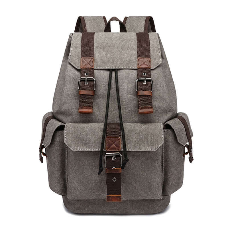 Men's canvas laptop backpack in grey, front view.