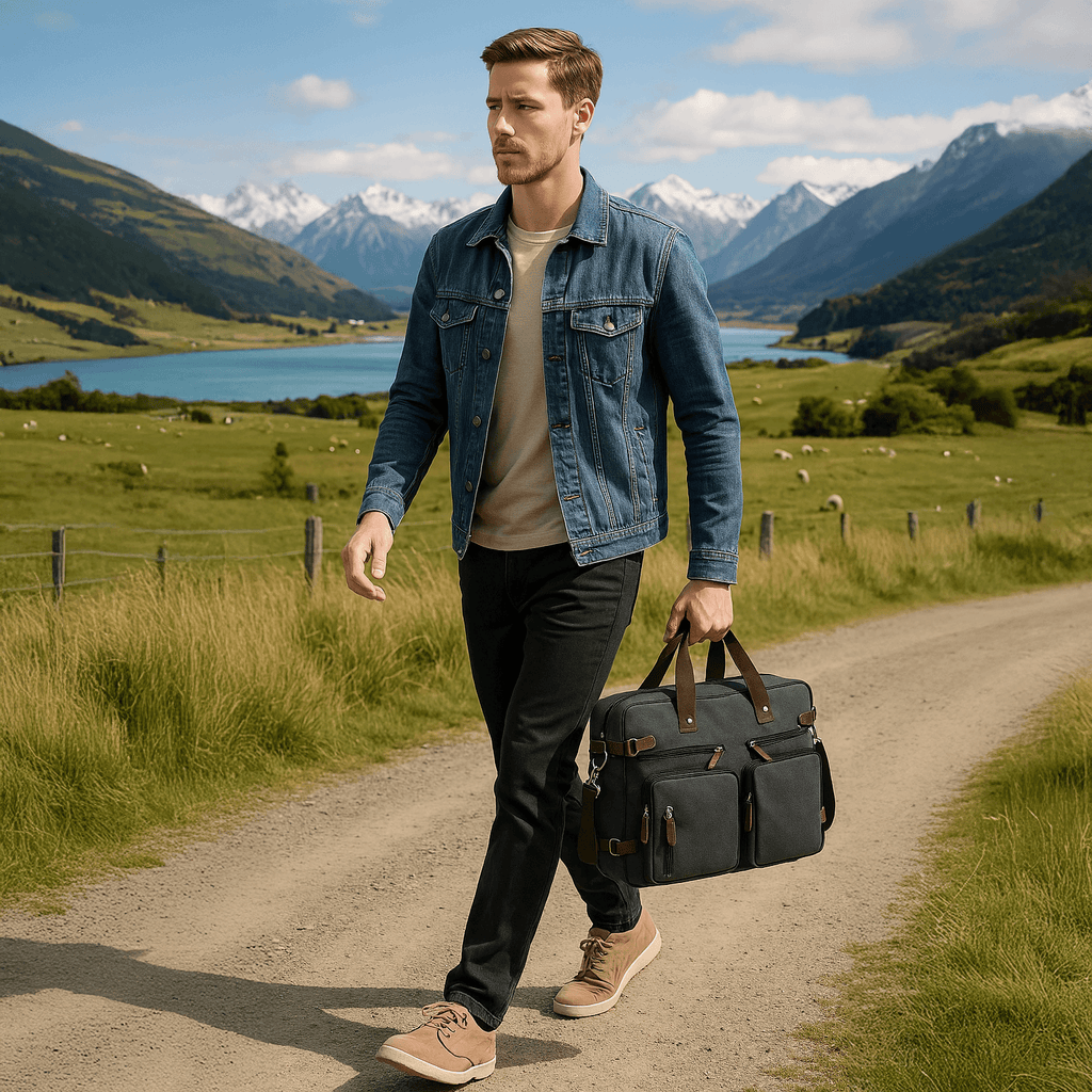 Canvas laptop bag fitting a 17-inch laptop with versatile carrying options.