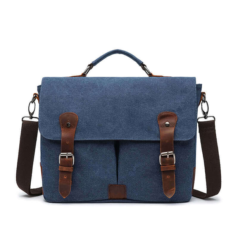 Front view of men's canvas laptop bag in blue