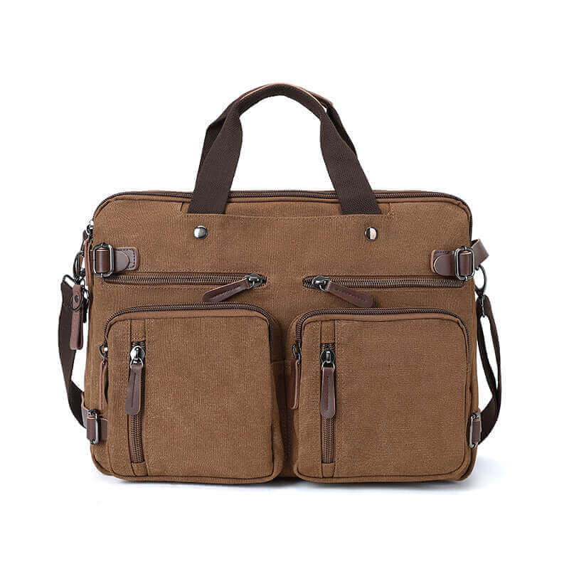 Convertible canvas backpack and briefcase in coffee.