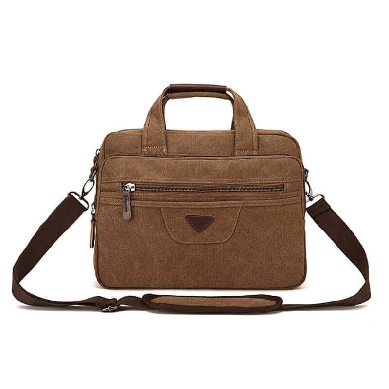 Men's canvas laptop briefcase front view showing multiple zippered compartments.