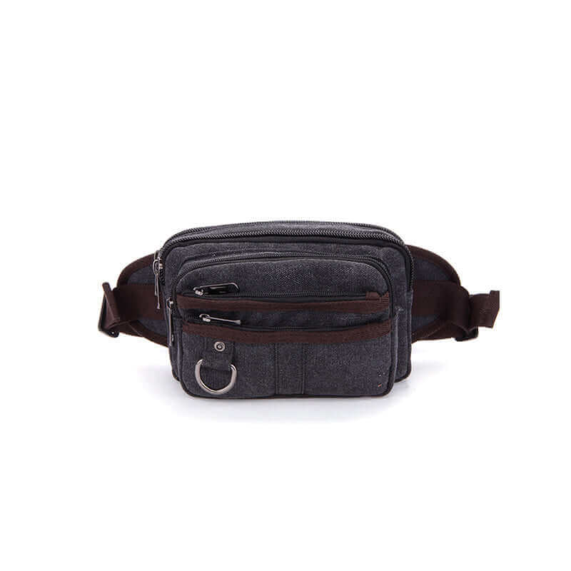 Men's canvas waist bag, designed for travel with easy-to-access zippered compartments.