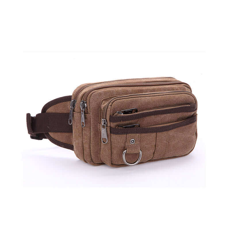 Men's coffee canvas waist bag with multiple zippered pockets for casual outings and travel.