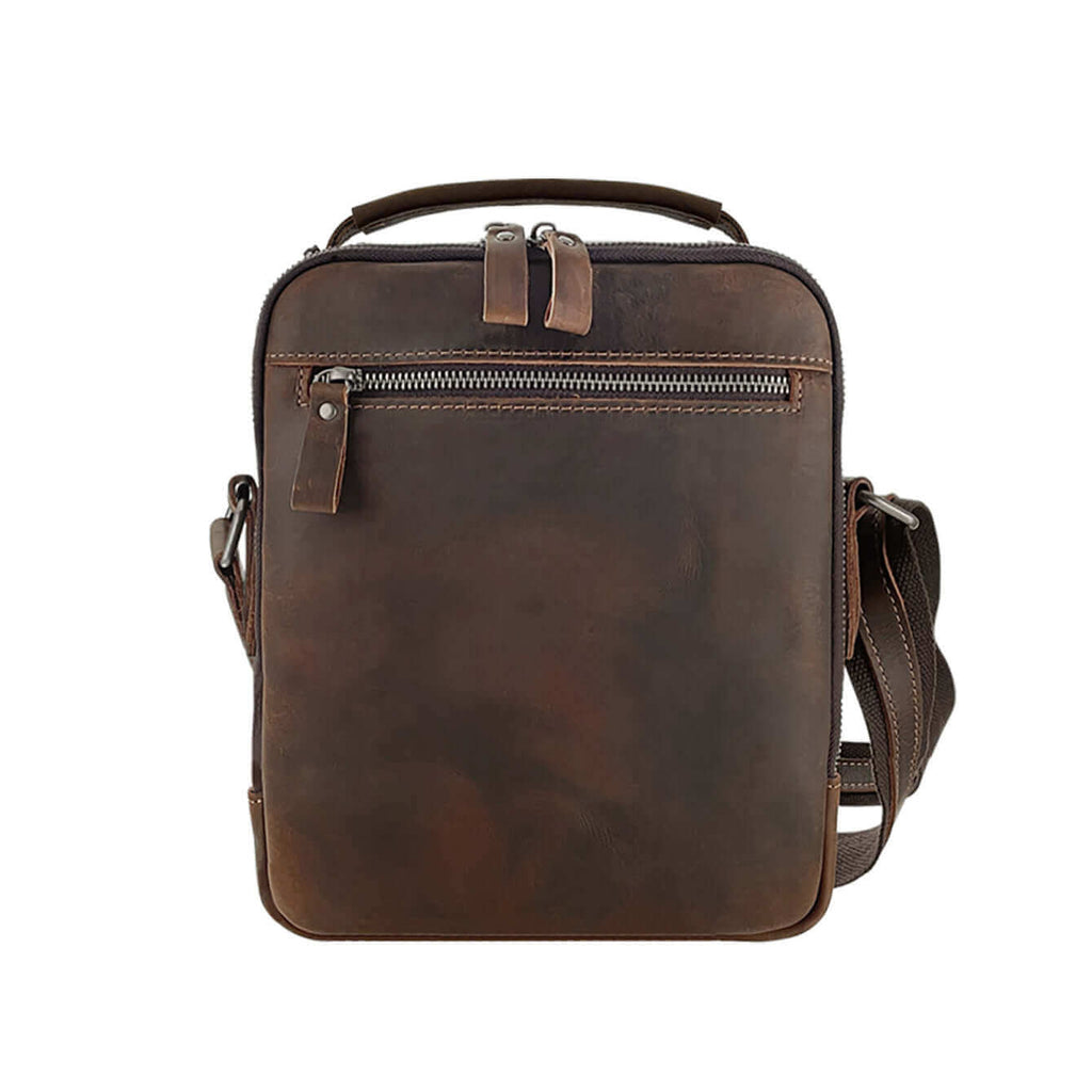 Back view of the men's vintage brown leather crossbody bag with distressed finish.