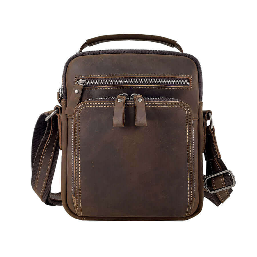 Front view of the men's vintage brown leather crossbody bag made from Crazy Horse leather.