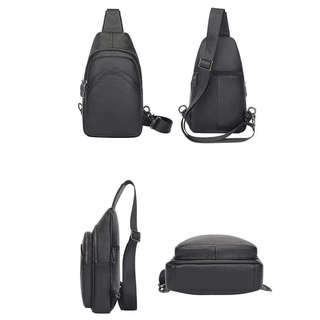 Versatile design of a men's black leather crossbody sling bag, perfect for work or casual wear.