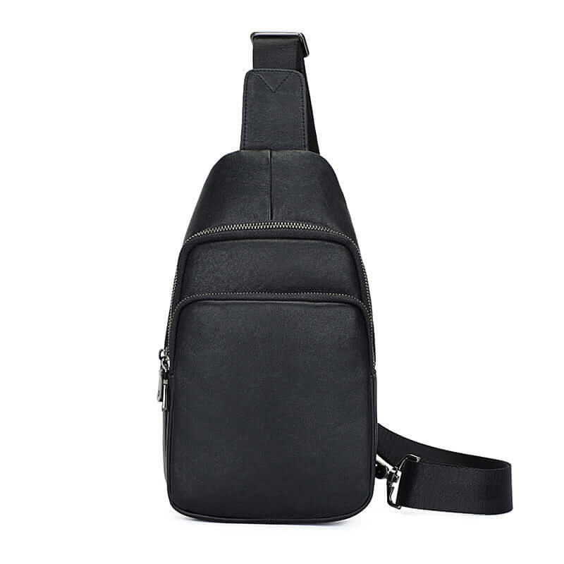 Men's black leather sling bag front view, minimalist chest bag design.