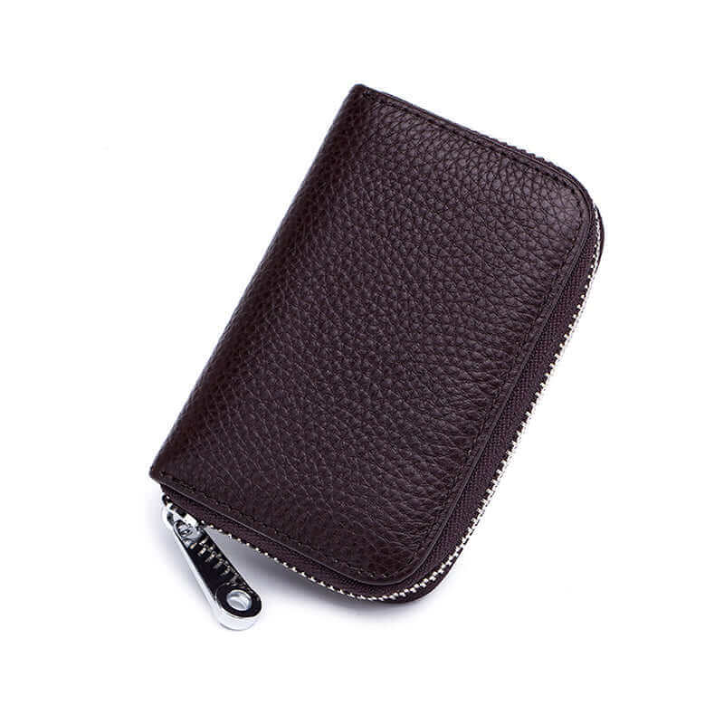 Men's RFID leather card holder in coffee with 12 card positions and secure zipper closure.