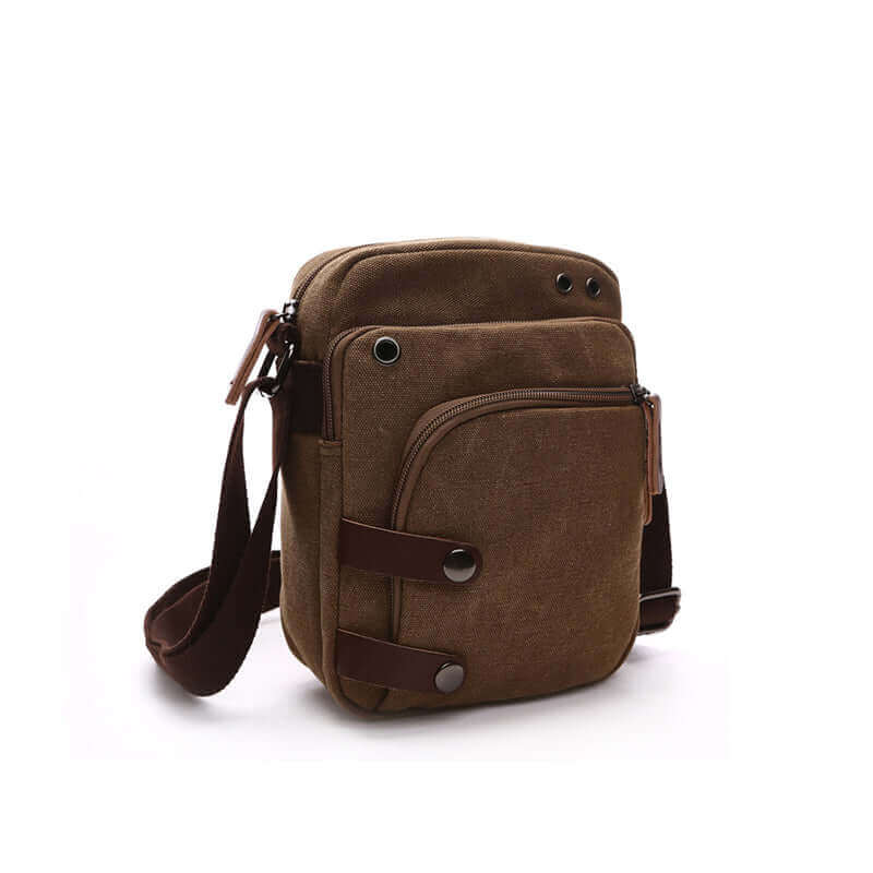 Men's small canvas crossbody bag in coffee, perfect for daily use.