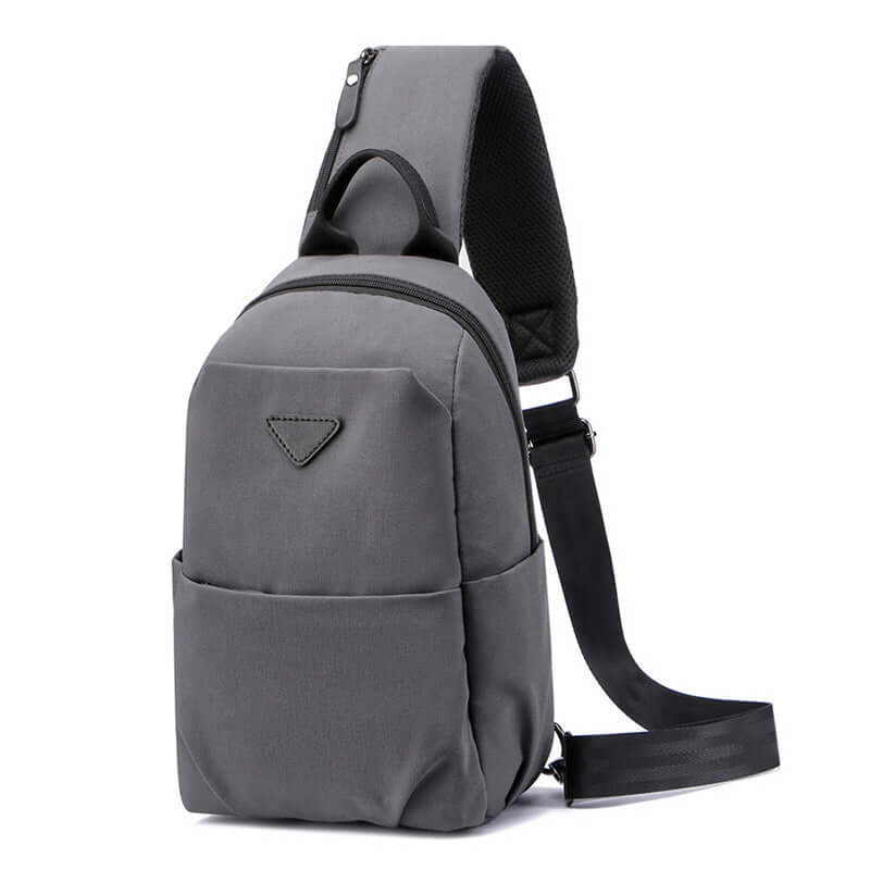 Front view of waterproof sling bag for men in grey