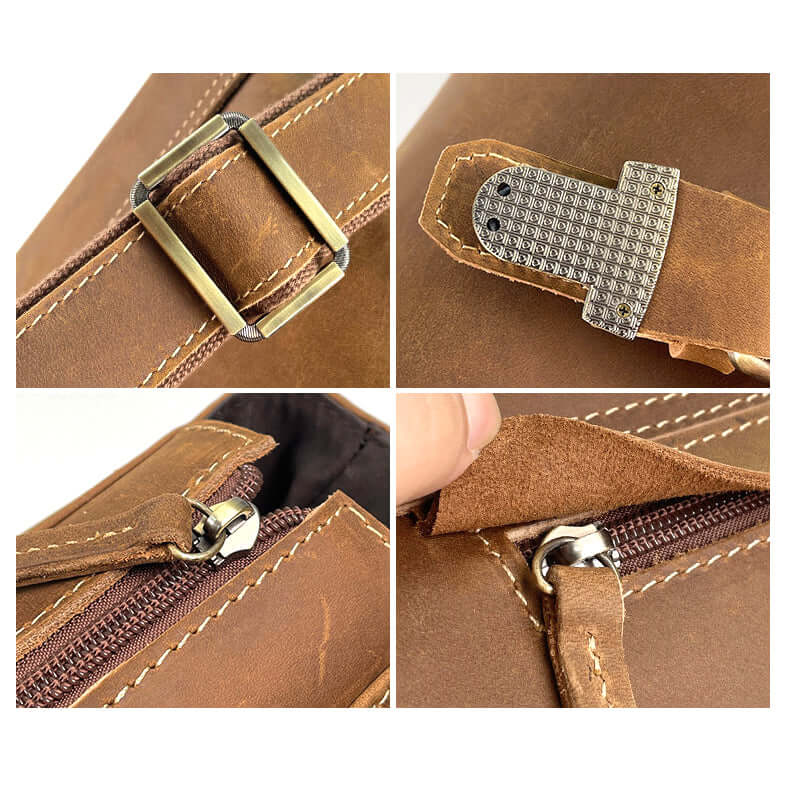 Close-up of adjustable shoulder strap on men's messenger bag.