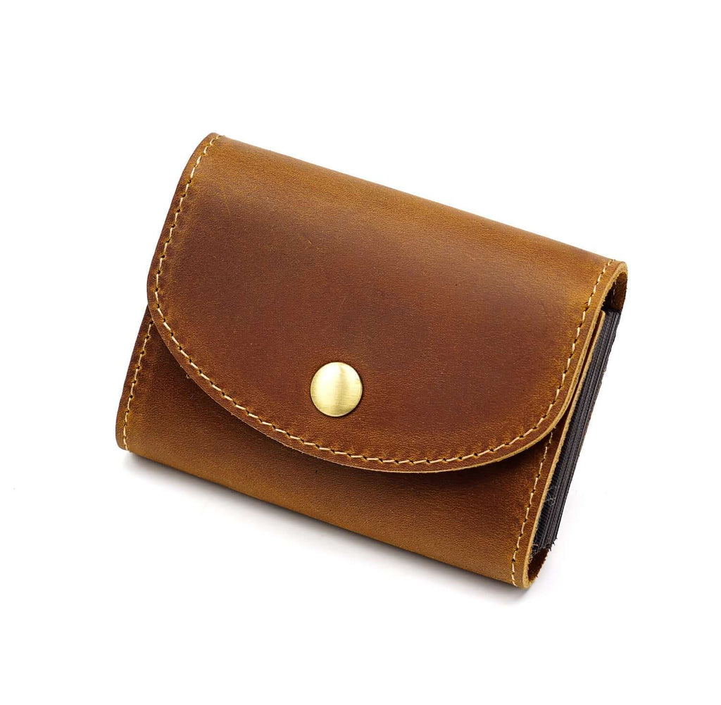 Brown genuine leather mini wallet with snap closure