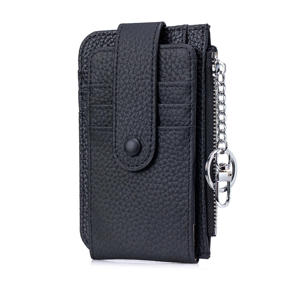 Black slim leather card wallet with button strap