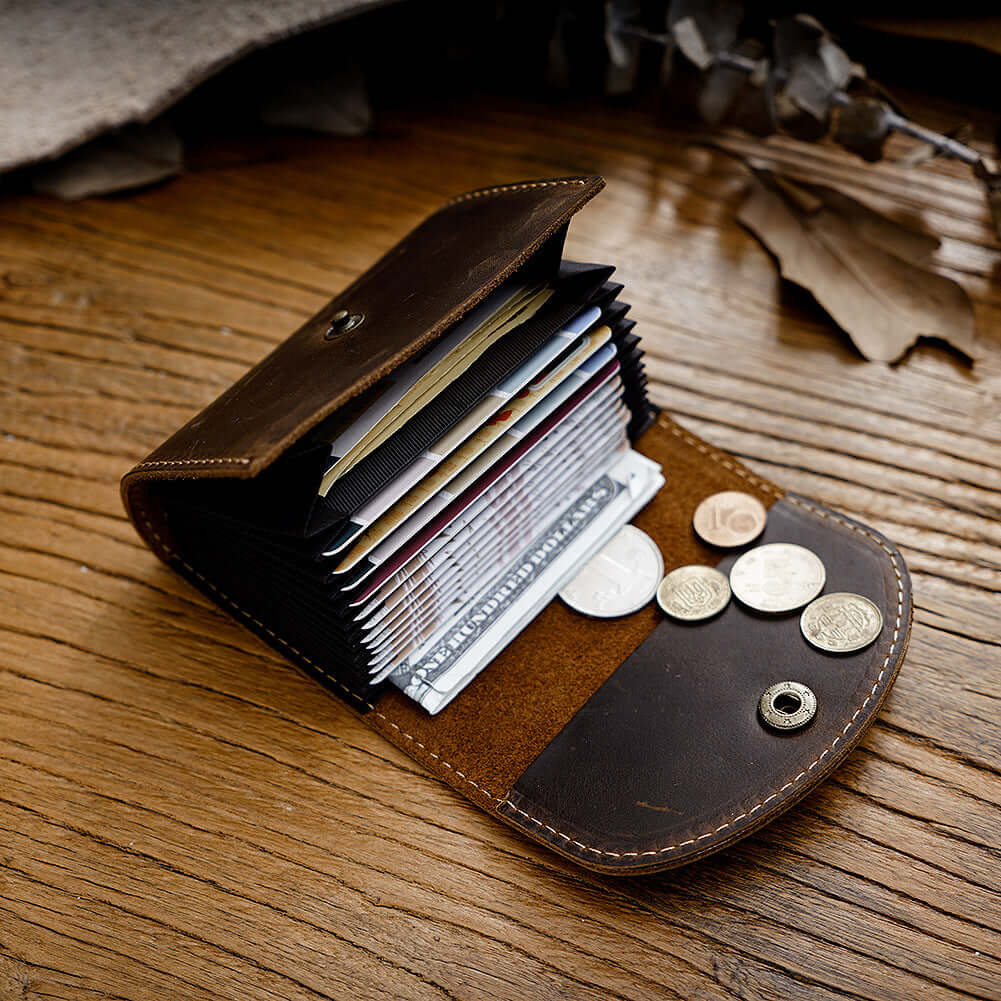 Mini Crazy Horse leather wallet fully open with card slots