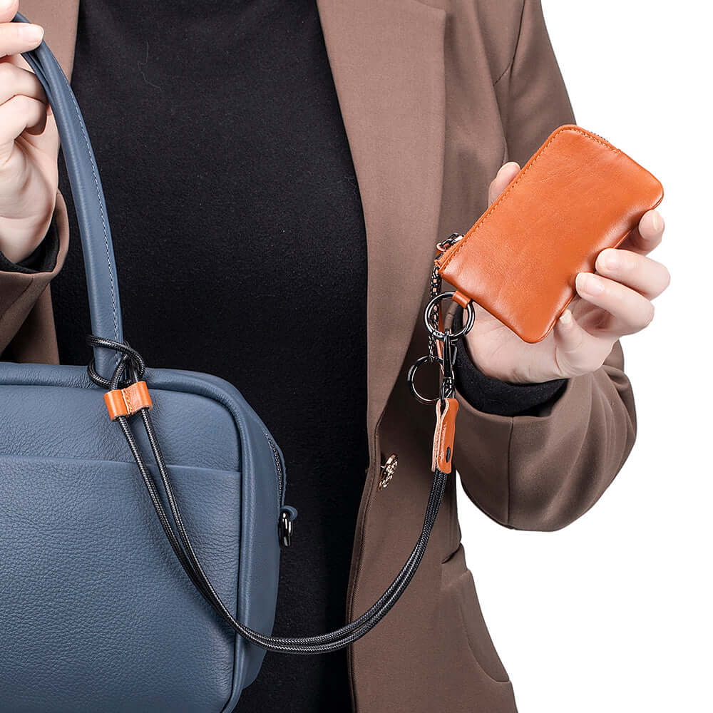 Small neck wallet with key ring and zip pocket
