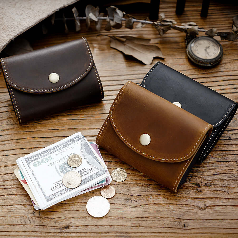 Assorted colours of mini leather card wallets
