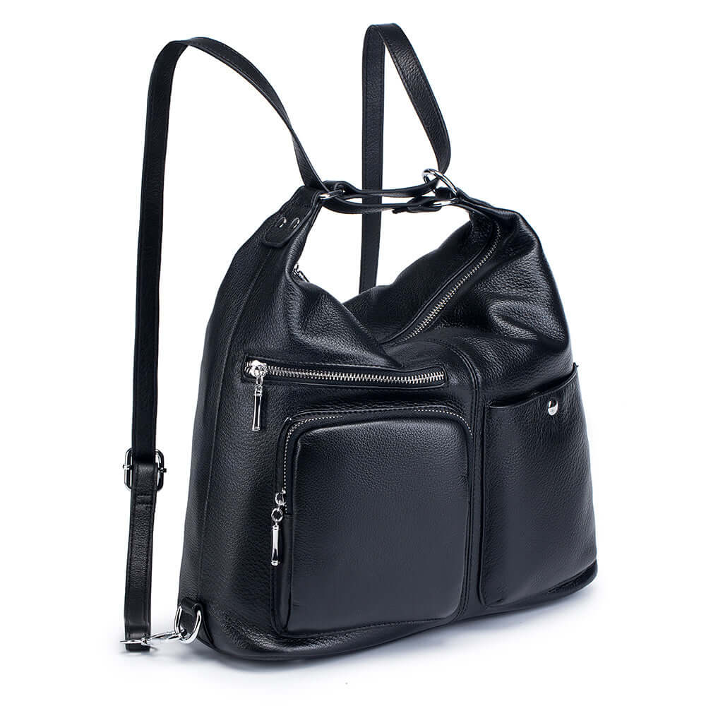 Multiple compartments of the black leather backpack.