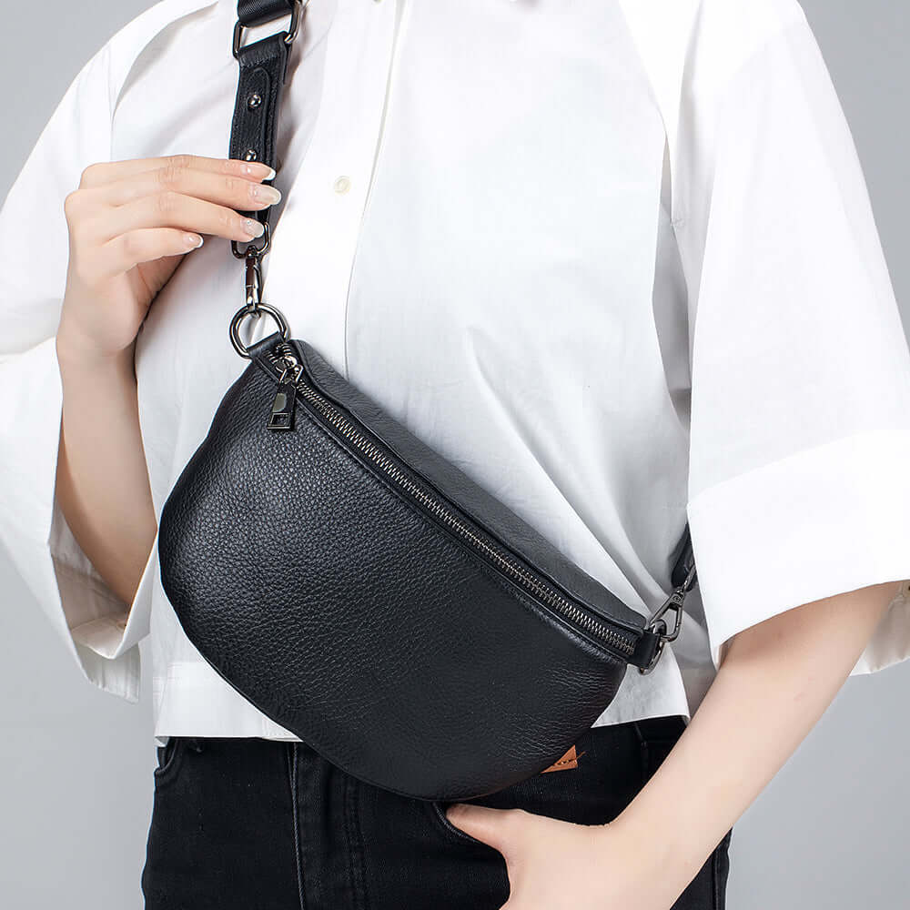 Multi-functional leather waist bag for women in black.