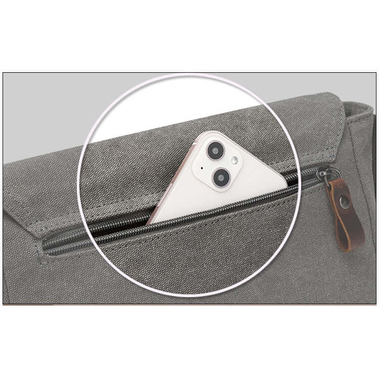 Multi-pocket design of vintage-style canvas bag.