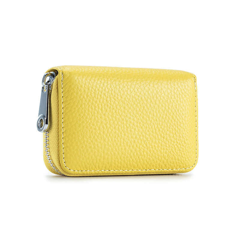 Multi-slot RFID leather card wallet in yellow, ideal for organizing cards with enhanced security.