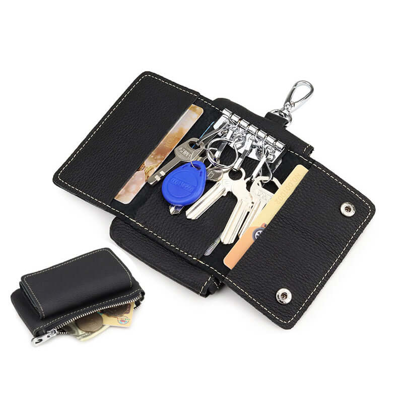 Compact multi-slot leather key wallet with zipper