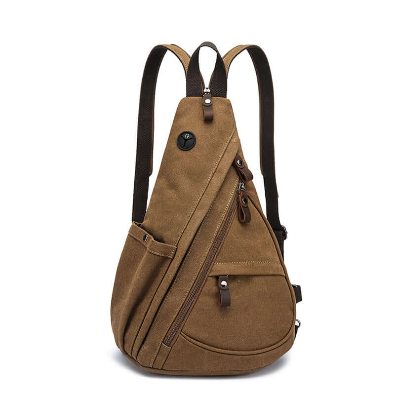 Coffee canvas crossbody sling bag shown in multiway usage