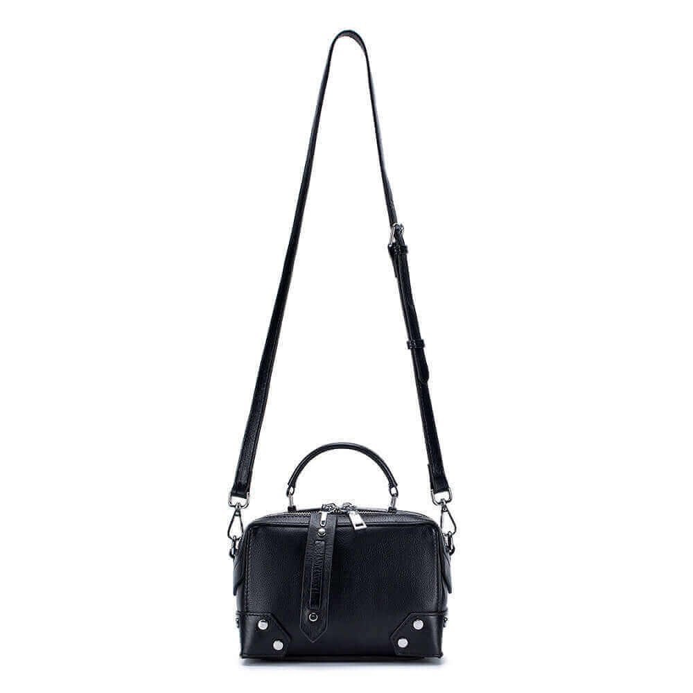 Soft genuine leather Boston satchel in black.